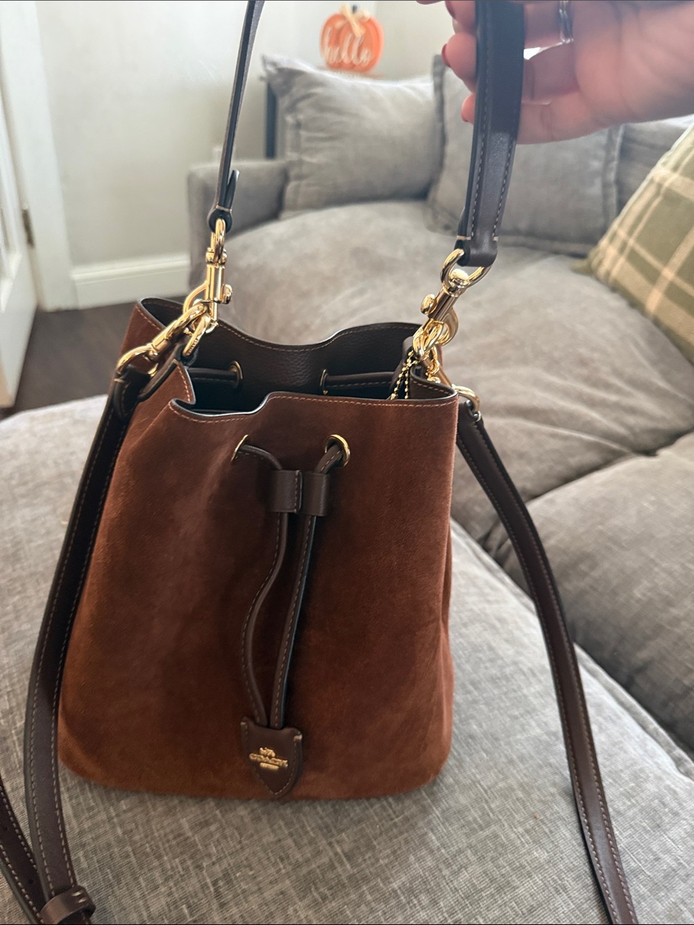 Coach Brown Suede Town Drawstring Bucket Bag